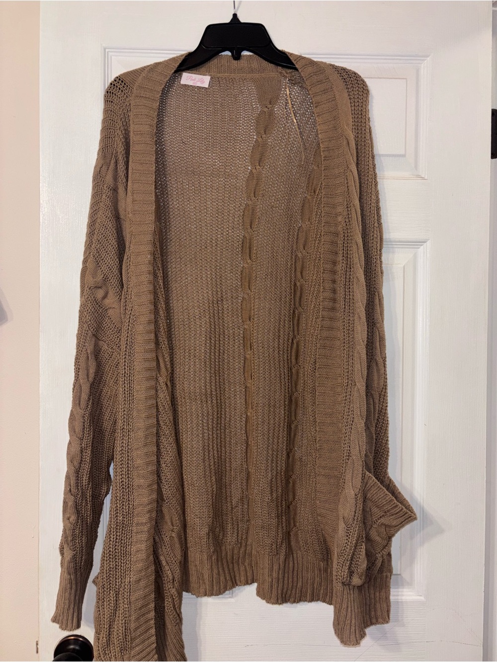 Pink Lily Open-Front Cable Knit Cardigan - Brown